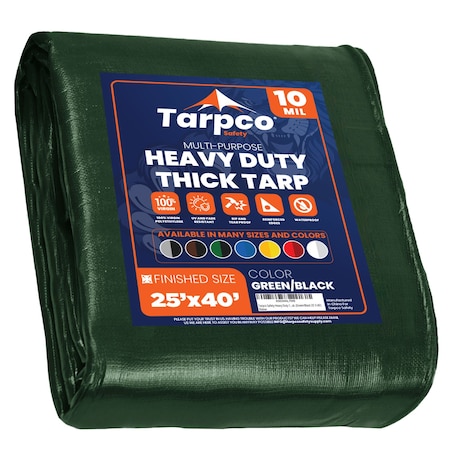Tarpco Safety Heavy Duty Tarp, 40 ft L x 0.5 mm H x 25 ft W, 10 Mil, Green/Black, Polyethylene TS-153-25X40